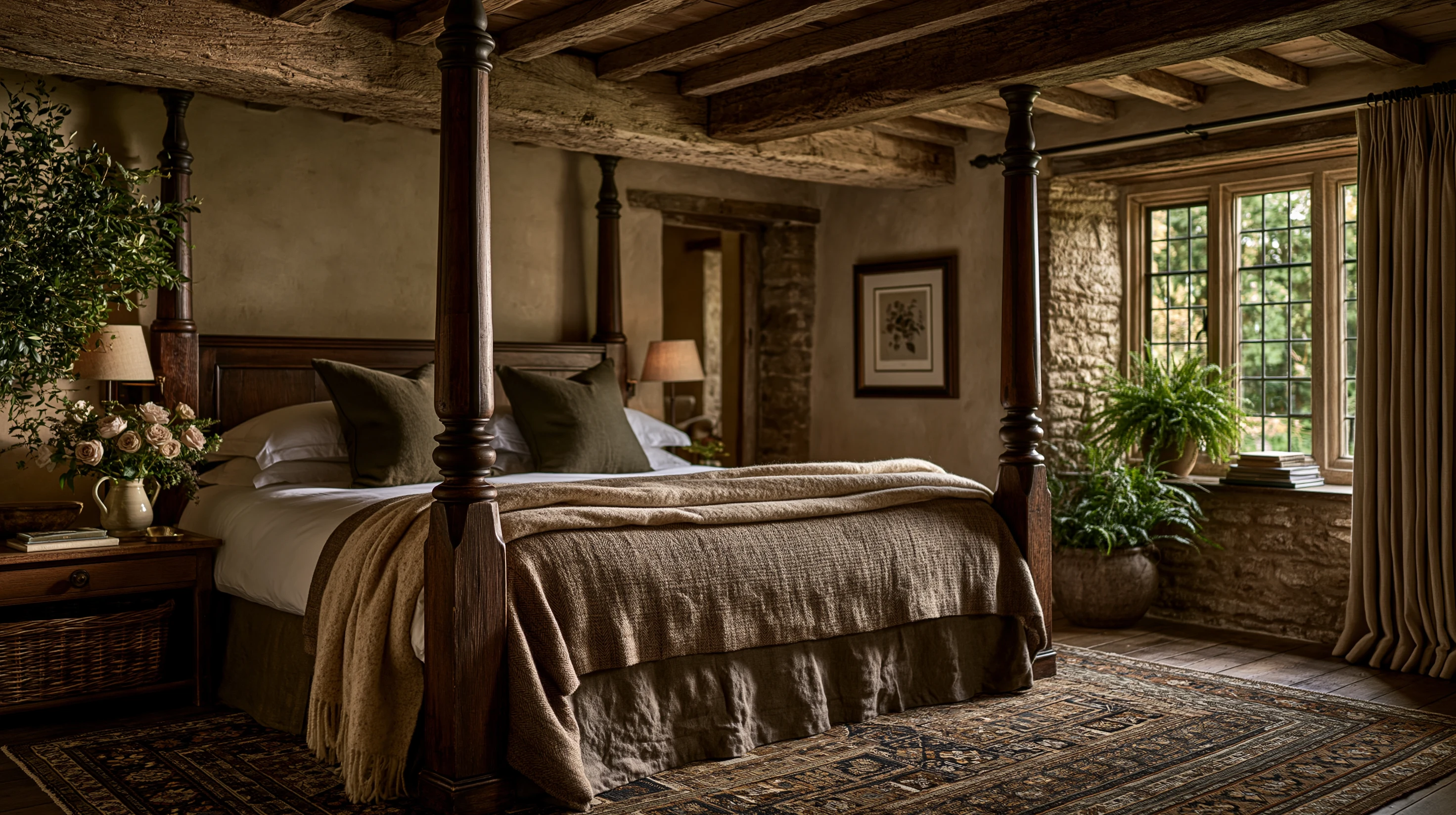 A superior room: king bed, free-standing bath, lane-side view, soft morning light through mullioned glass.
