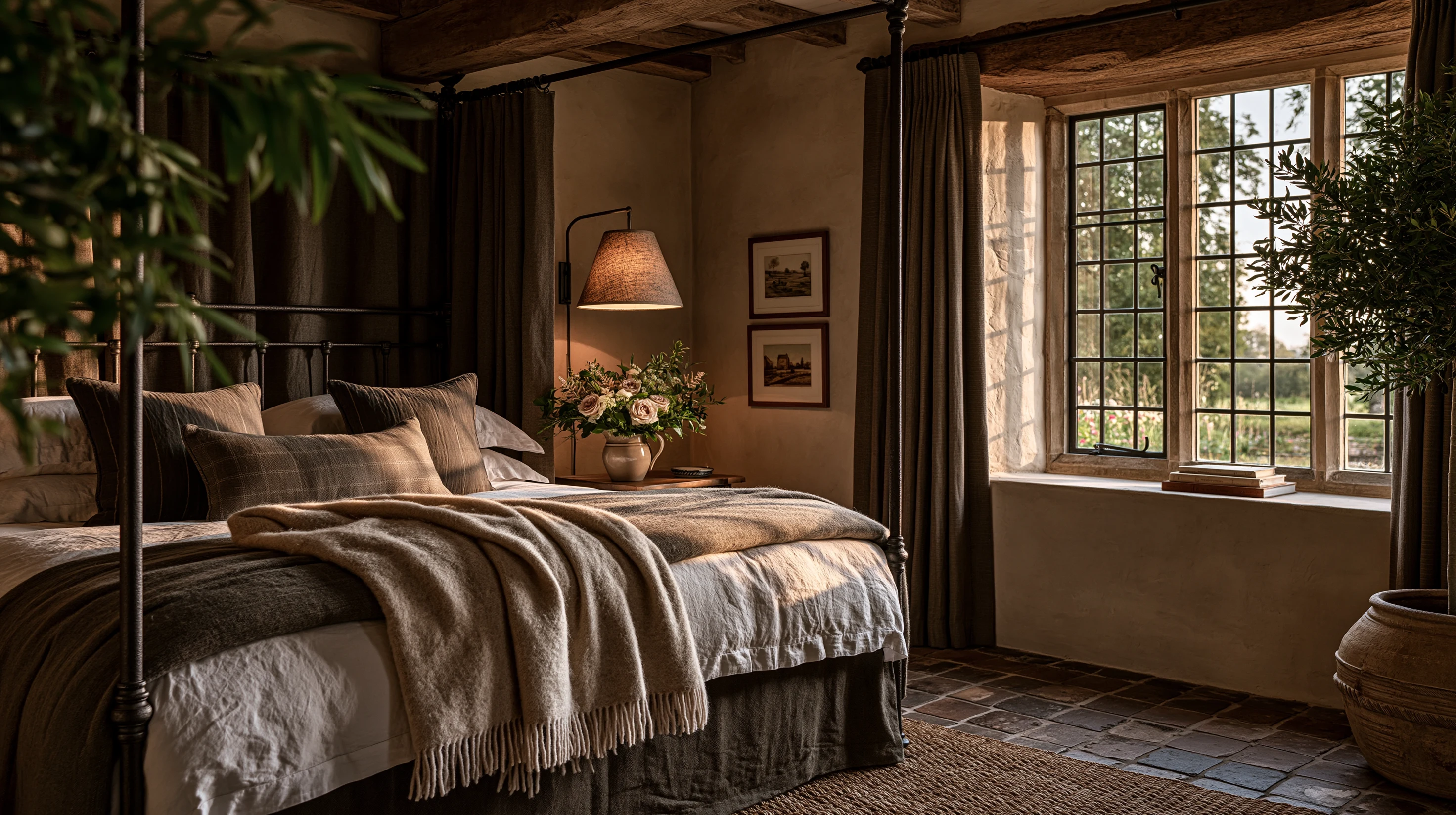 The suite: a sitting room, four-poster bed, garden view, antique linen, restrained period detail.