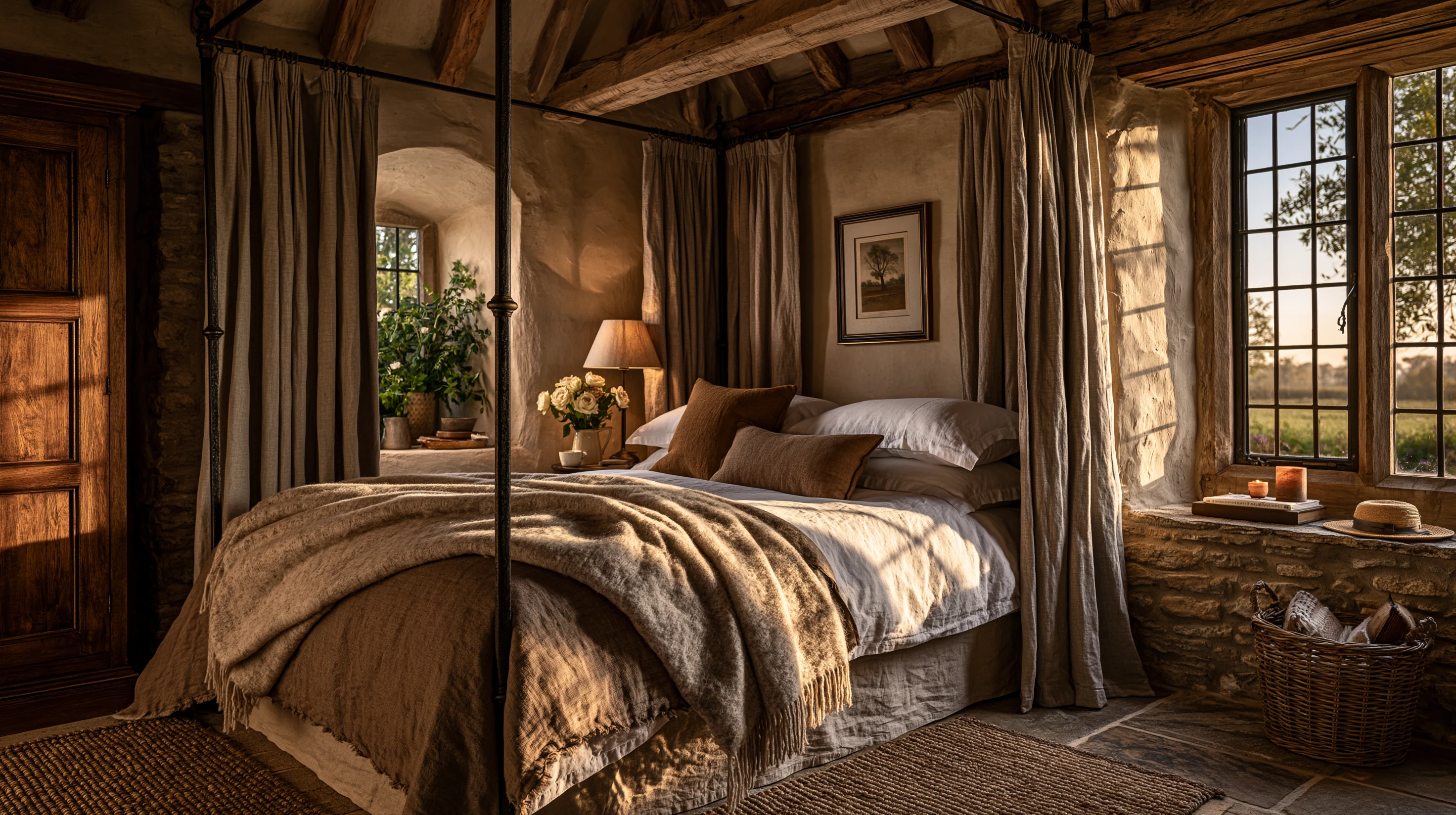 A standard room: iron bedstead, antique linen, mullioned window with courtyard view, soft morning light.