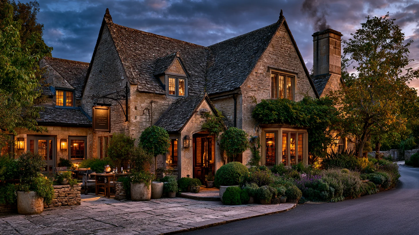 The Gresham Arms at deep dusk: honey-coloured limestone, slate roof glistening, warm tungsten windows glowing against a deep cobalt sky, the painted hanging sign at the corner.
