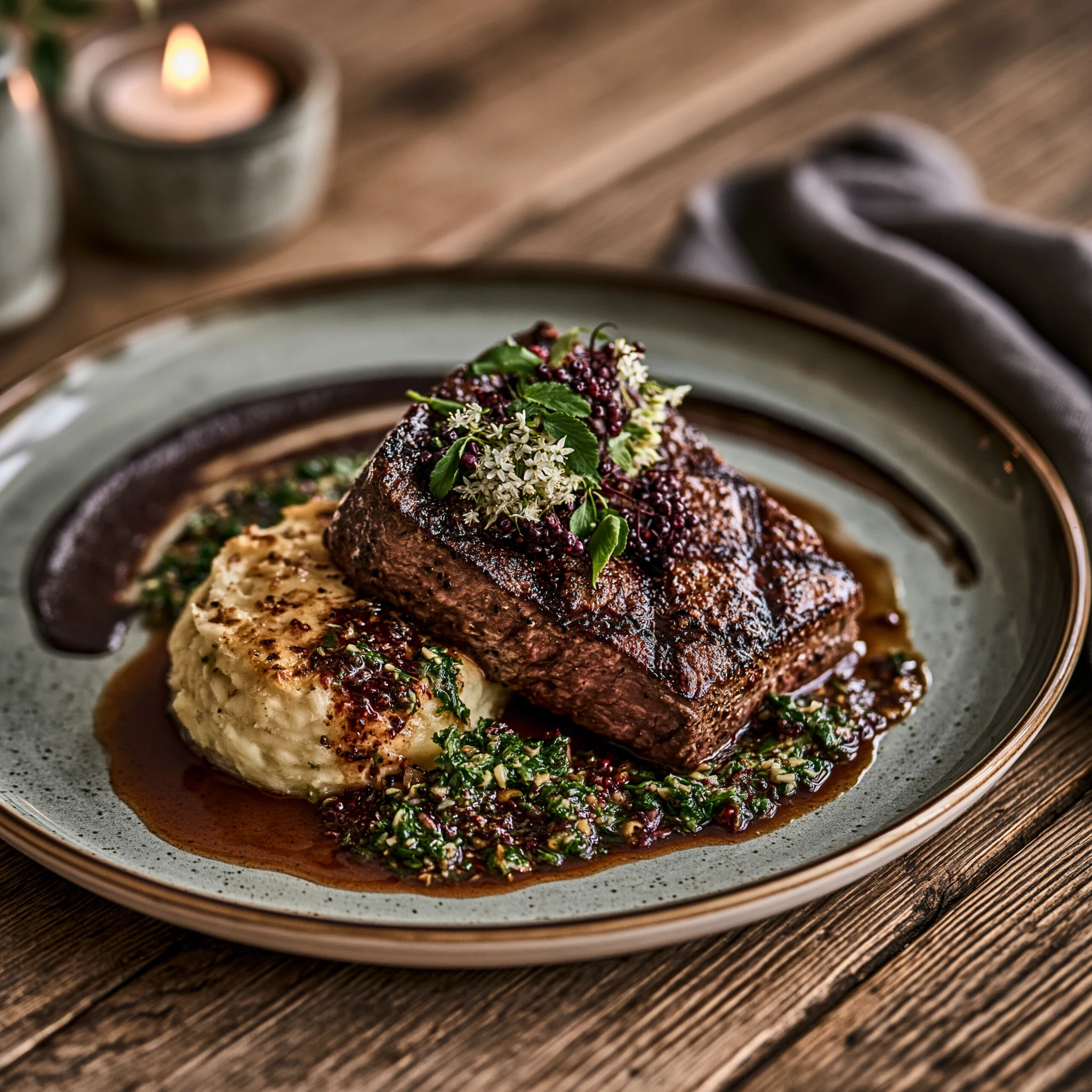 A plated venison main course on dark stone: jus pooling, dauphinoise, foraged garnish, dark linen napkin, candlelight.